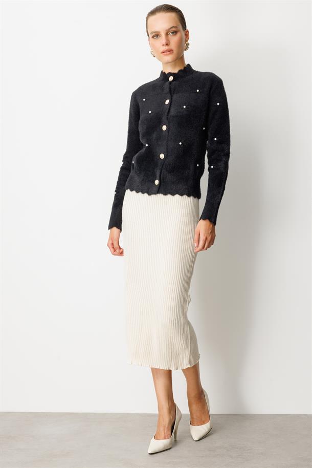 Boncuk Detaylı Triko Hırka-SİYAH