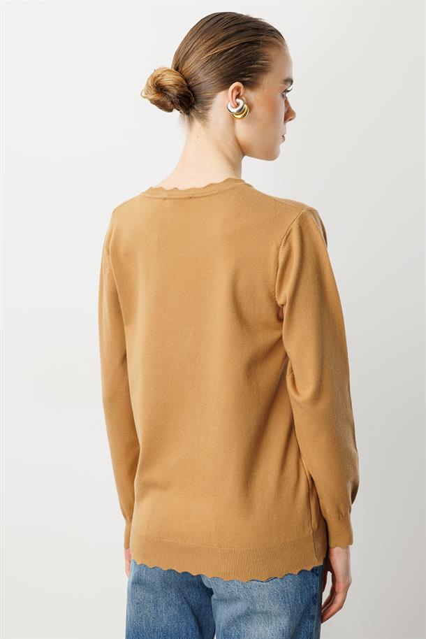 Yuvarlak Yaka Angora Triko Kazak-CAMEL