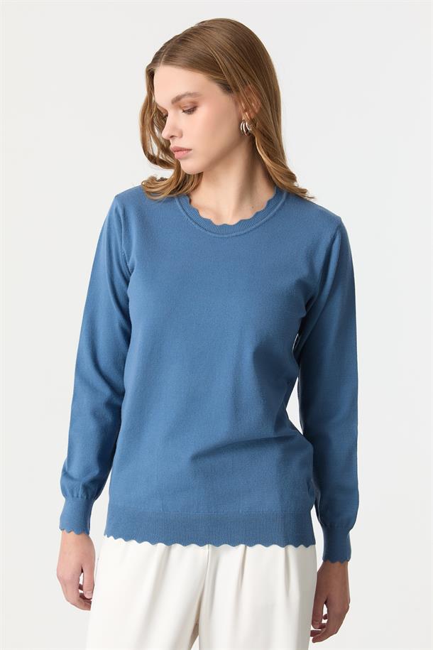 Yuvarlak Yaka Angora Triko Kazak-İNDİGO