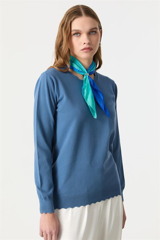 Yuvarlak Yaka Angora Triko Kazak-İNDİGO