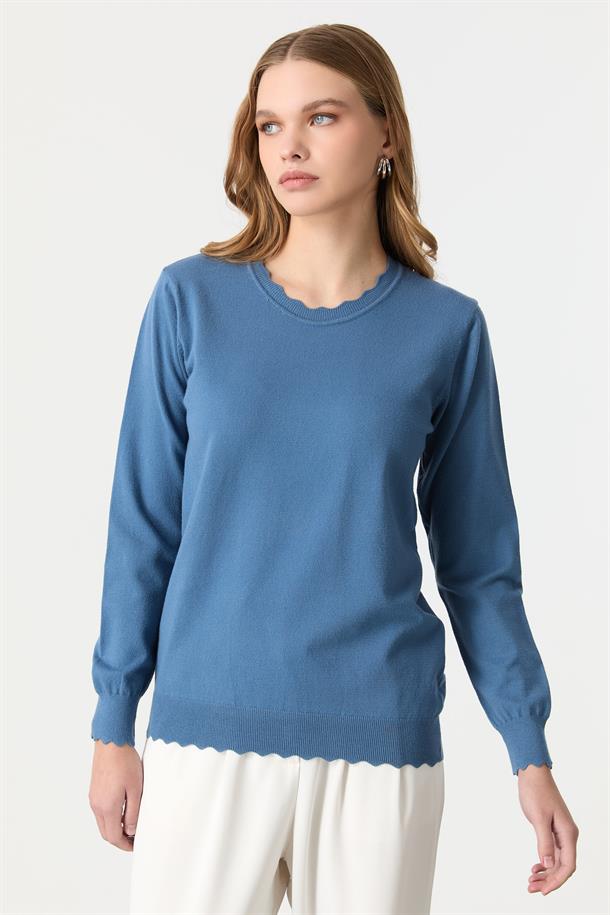 Yuvarlak Yaka Angora Triko Kazak-İNDİGO