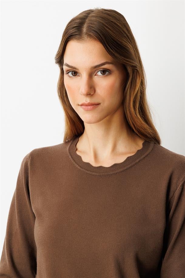 Yuvarlak Yaka Angora Triko Kazak-KAHVE