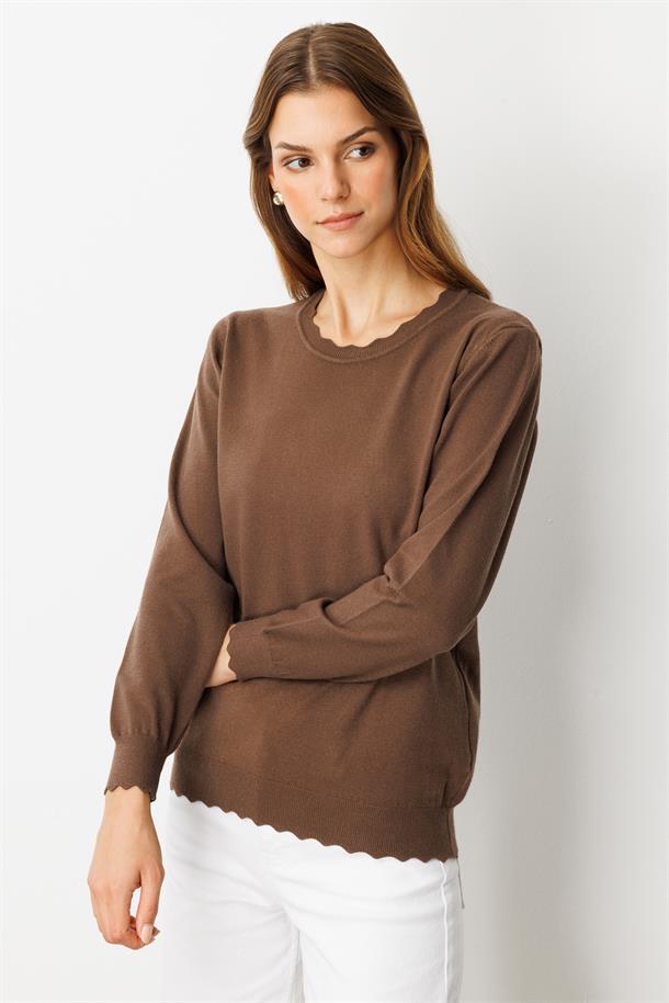 Yuvarlak Yaka Angora Triko Kazak-KAHVE