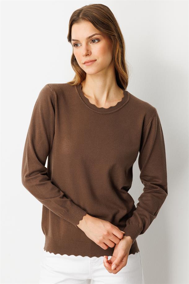 Yuvarlak Yaka Angora Triko Kazak-KAHVE