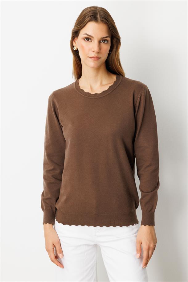Yuvarlak Yaka Angora Triko Kazak-KAHVE