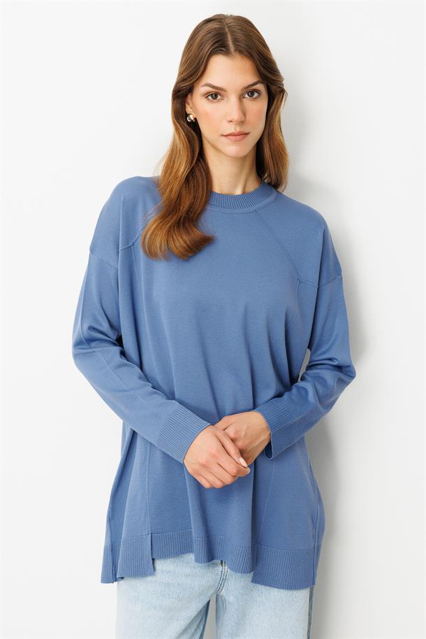 Yuvarlak Yaka Basic Triko-İNDİGO