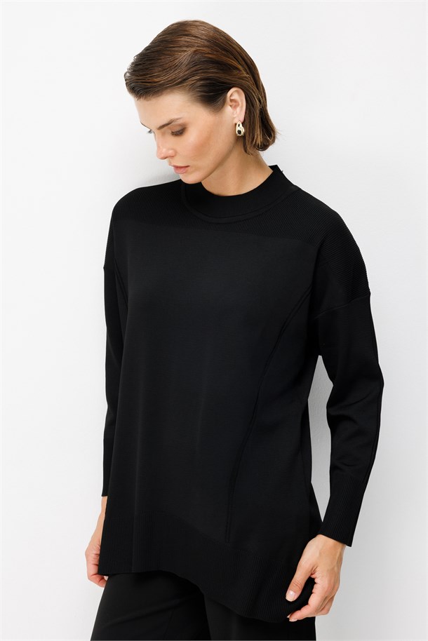 Yuvarlak Yaka Basic Triko Tunik-SİYAH