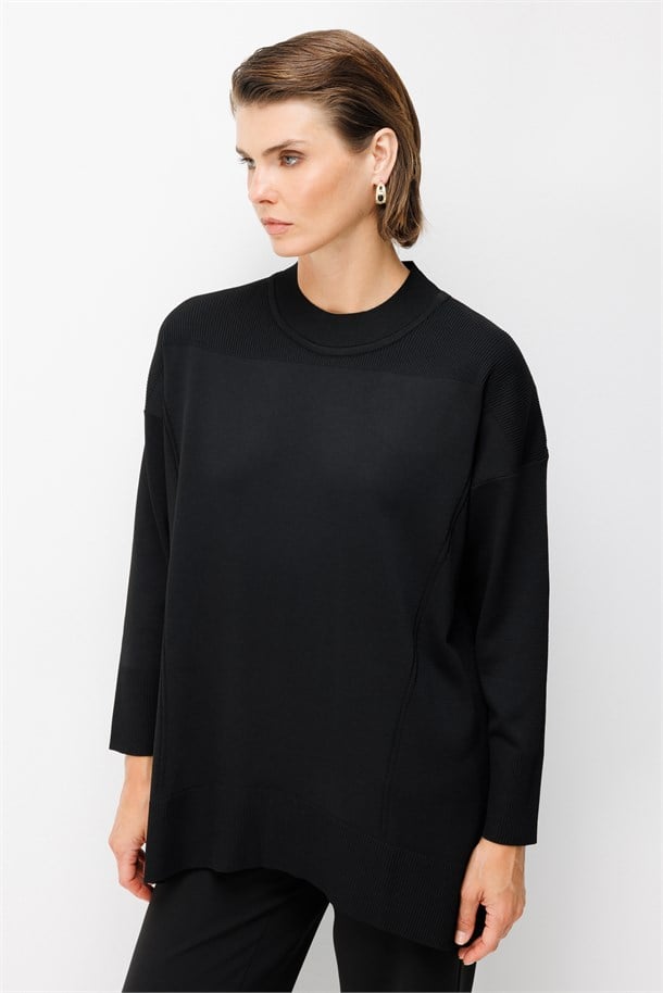 Yuvarlak Yaka Basic Triko Tunik-SİYAH