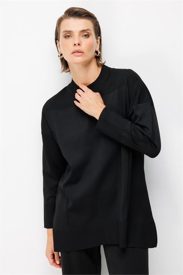 Yuvarlak Yaka Basic Triko Tunik-SİYAH