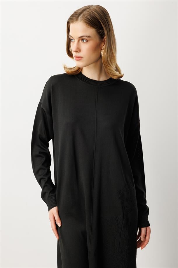 Yuvarlak Yaka Desenli Triko Tunik-SİYAH