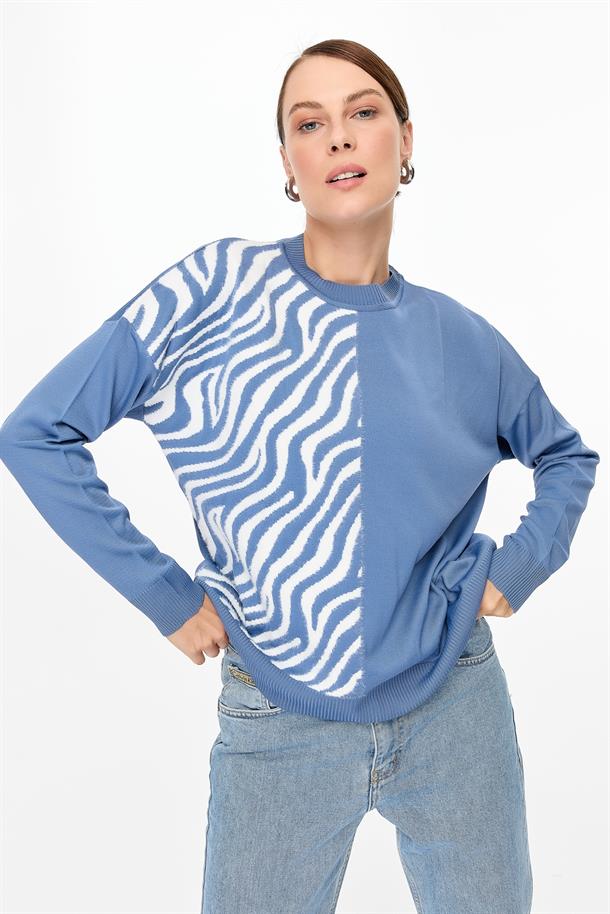 Zebra Kombin Desenli Triko Kazak-İNDİGO