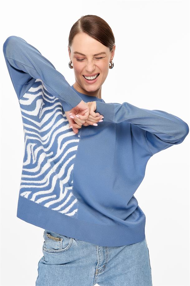 Zebra Kombin Desenli Triko Kazak-İNDİGO