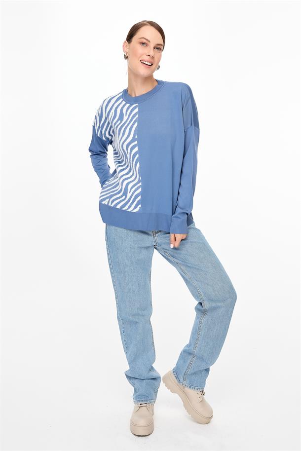 Zebra Kombin Desenli Triko Kazak-İNDİGO