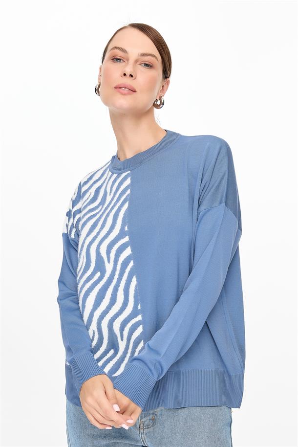 Zebra Kombin Desenli Triko Kazak-İNDİGO