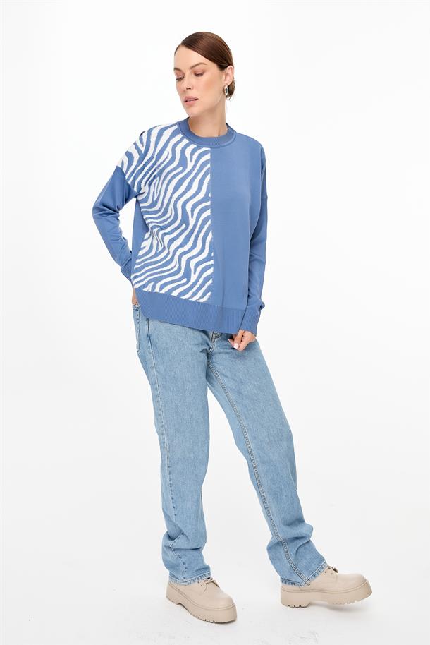 Zebra Kombin Desenli Triko Kazak-İNDİGO