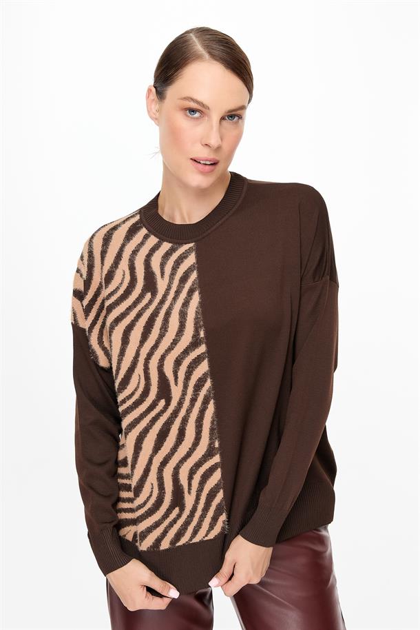 Zebra Kombin Desenli Triko Kazak-KAHVE