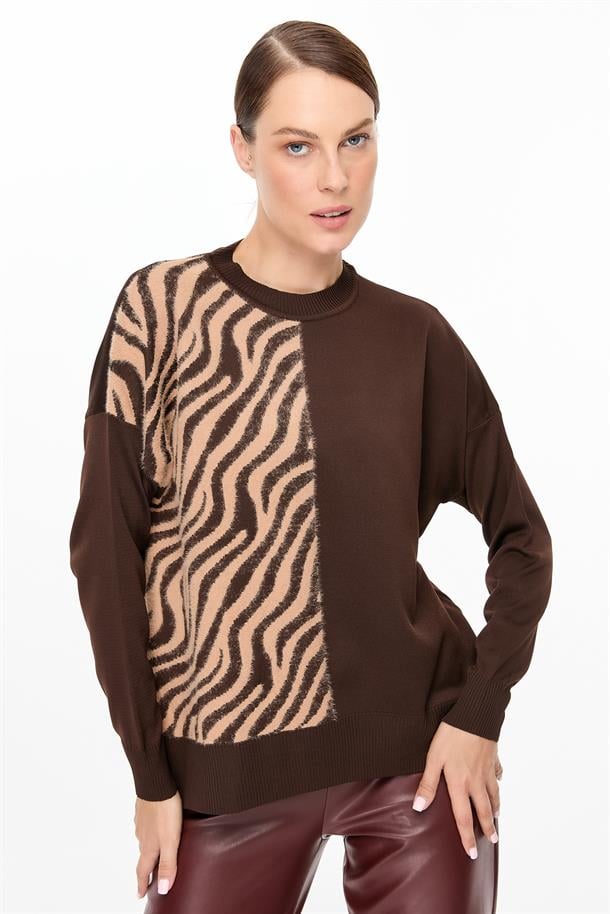 Zebra Kombin Desenli Triko Kazak-KAHVE