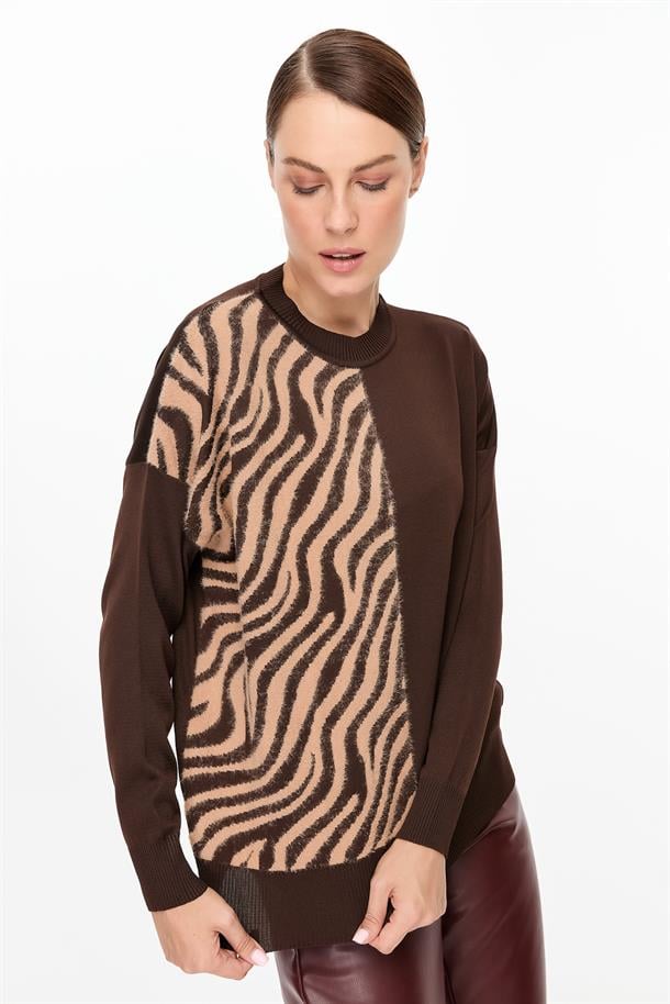 Zebra Kombin Desenli Triko Kazak-KAHVE