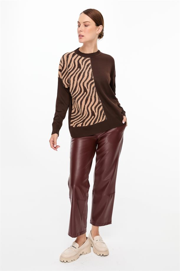 Zebra Kombin Desenli Triko Kazak-KAHVE