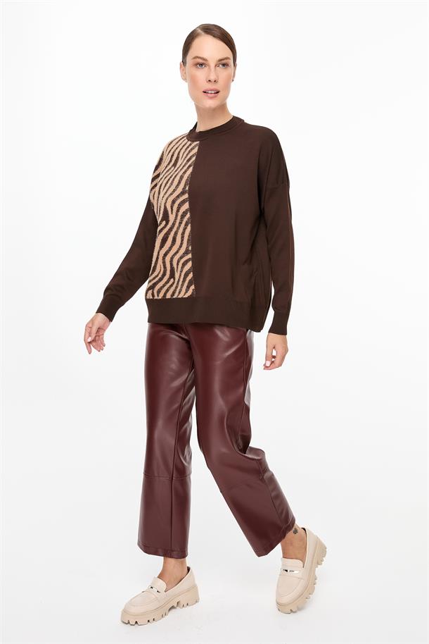 Zebra Kombin Desenli Triko Kazak-KAHVE