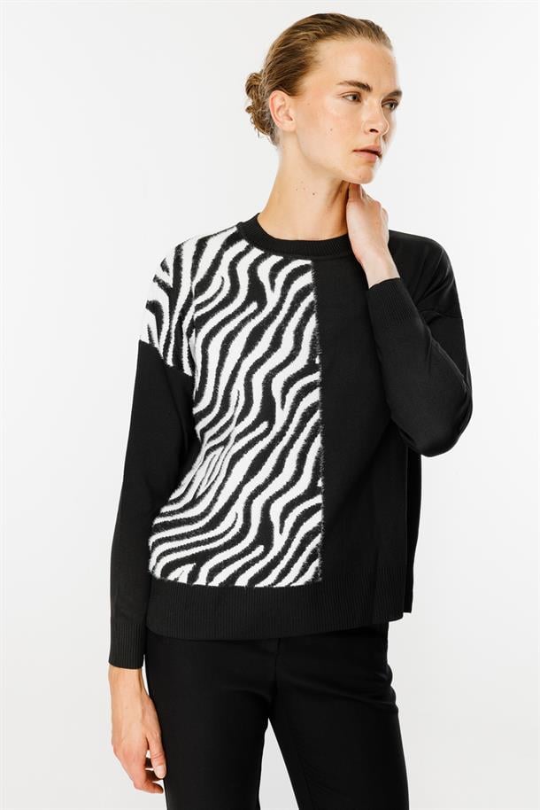 Zebra Kombin Desenli Triko Kazak-SİYAH