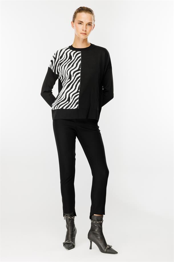 Zebra Kombin Desenli Triko Kazak-SİYAH