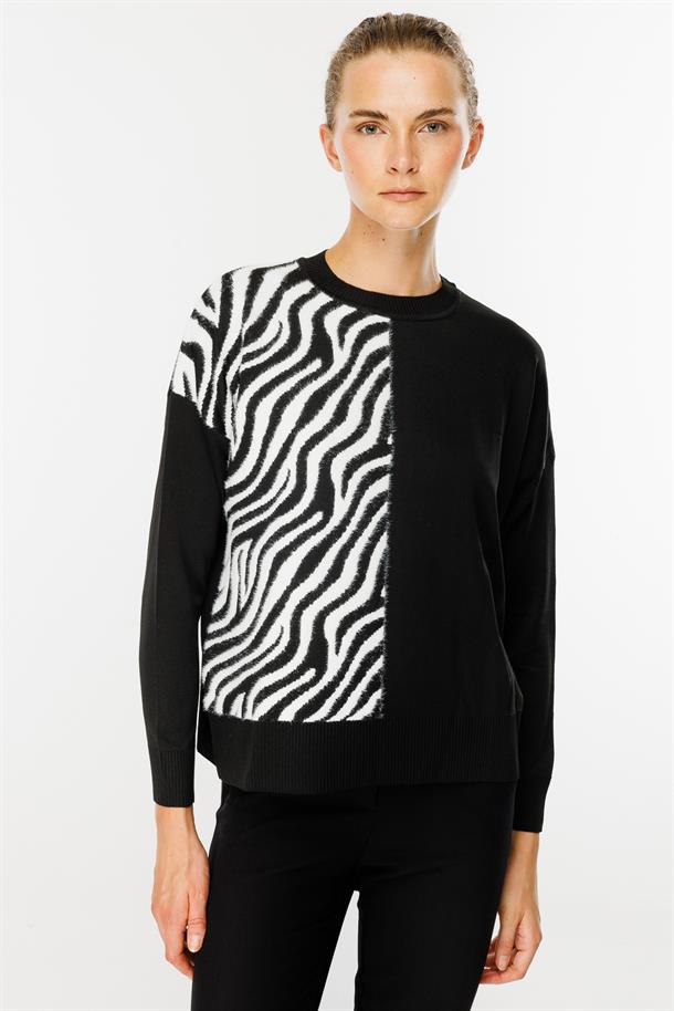 Zebra Kombin Desenli Triko Kazak-SİYAH