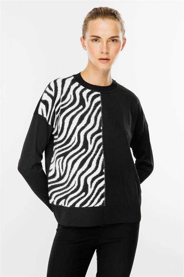 Zebra Kombin Desenli Triko Kazak-SİYAH