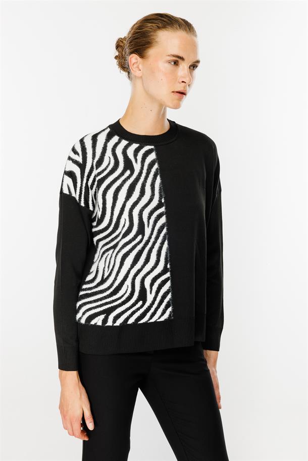 Zebra Kombin Desenli Triko Kazak-SİYAH