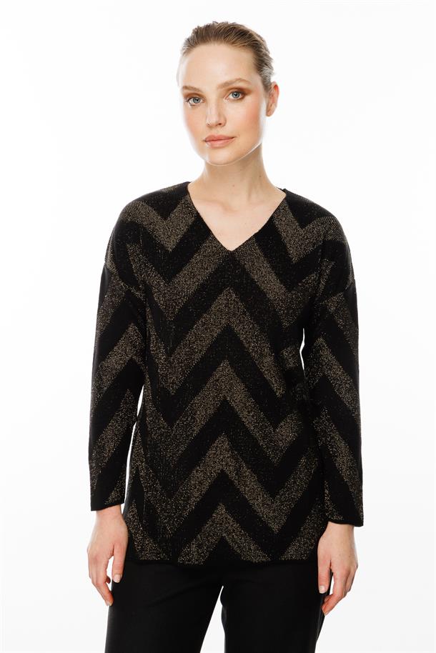 Zikzak Desenli Simli Triko Bluz-SİYAH/YEŞİL