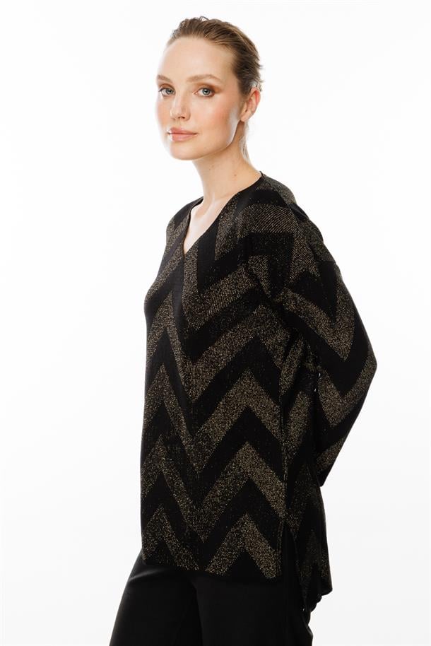 Zikzak Desenli Simli Triko Bluz-SİYAH/YEŞİL