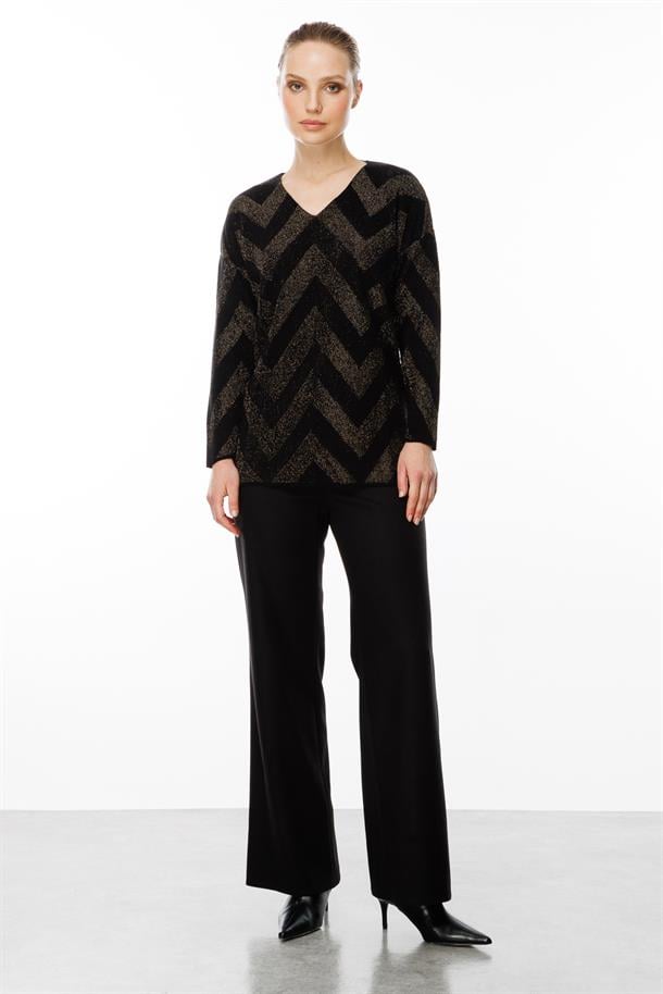 Zikzak Desenli Simli Triko Bluz-SİYAH/YEŞİL