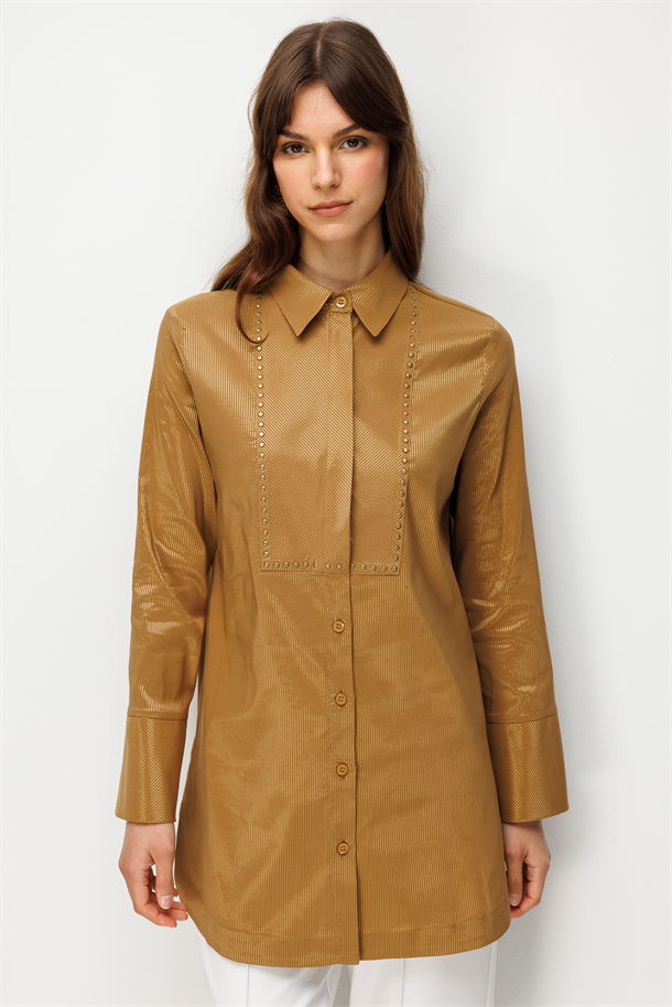 Zımba Detay Jakarlı Tunik Gömlek-CAMEL