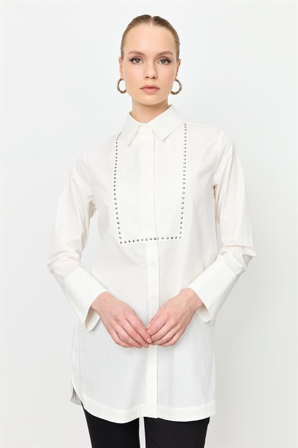 Zımba Detay Pamuklu Gömlek-KEMIK