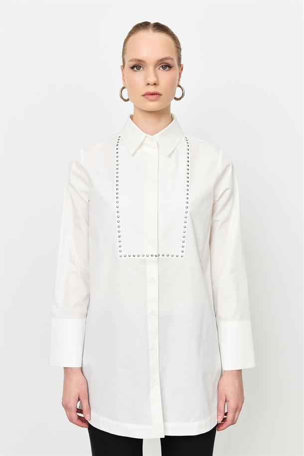 Zımba Detay Pamuklu Gömlek-KEMIK