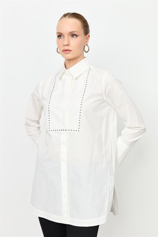 Zımba Detay Pamuklu Gömlek-KEMIK