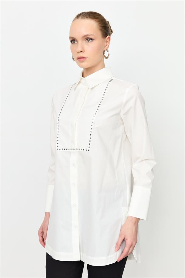 Zımba Detay Pamuklu Gömlek-KEMIK