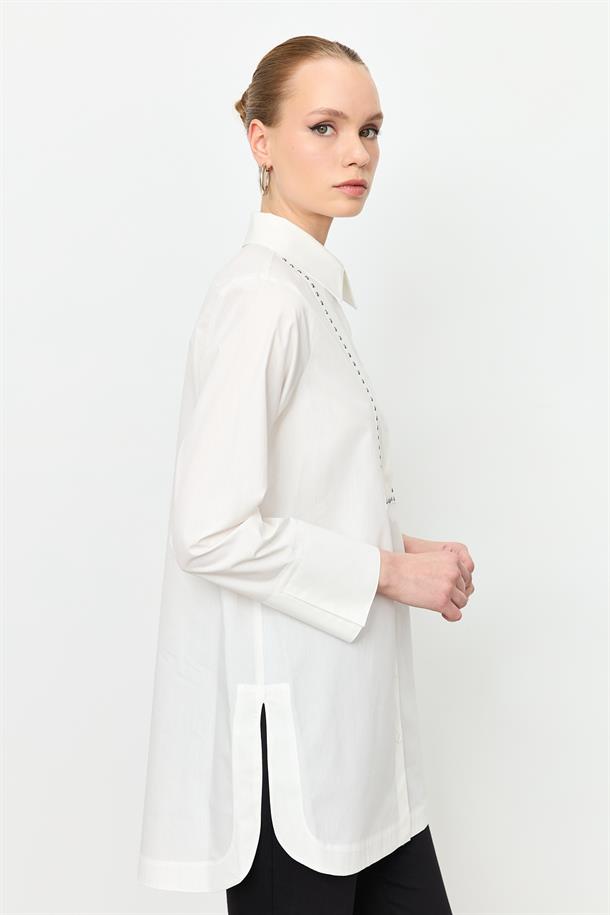 Zımba Detay Pamuklu Gömlek-KEMIK