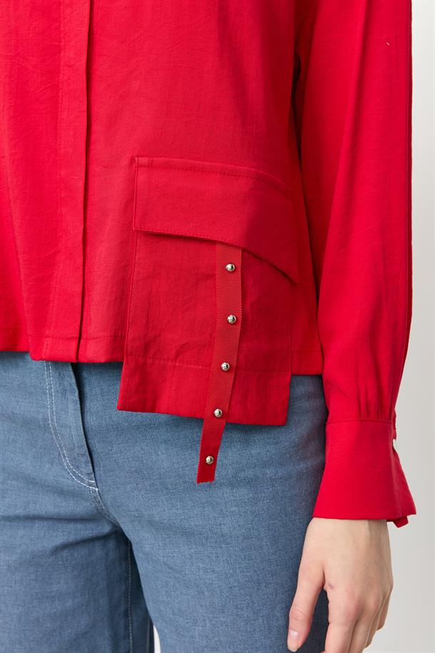 Zımba Şerit Detaylı Gömlek-KIRMIZI