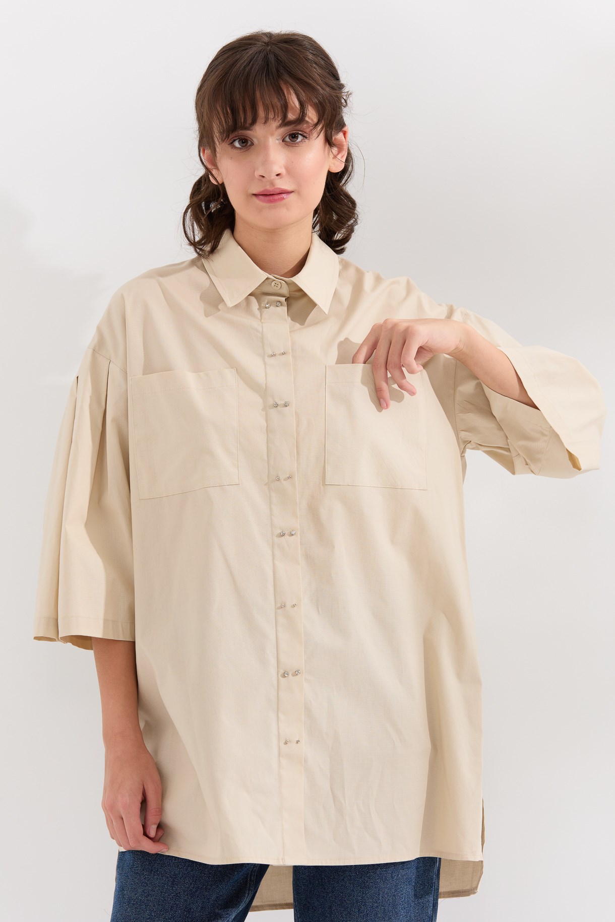 Kol Detaylı Koton Gömlek Tunik - BEJ
