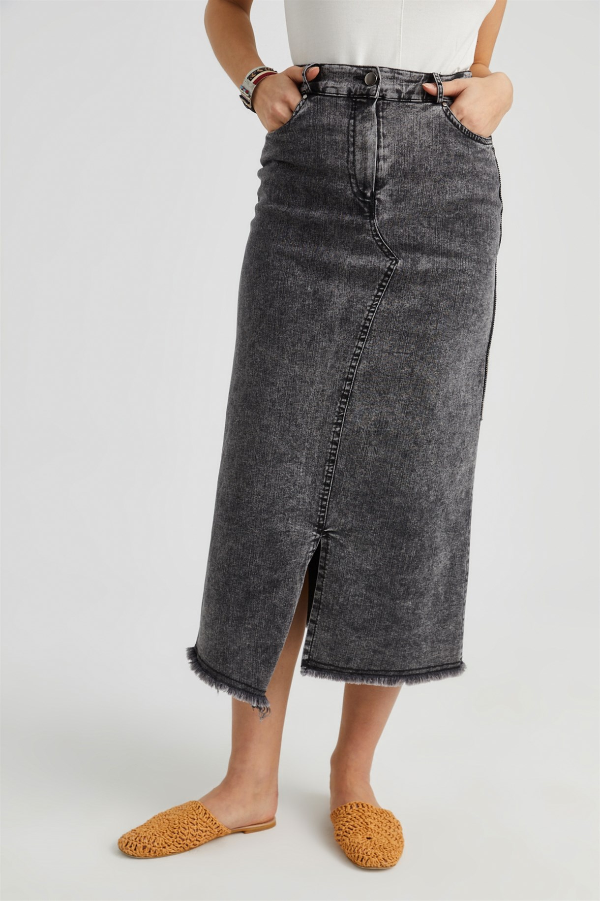 Front-Slit Midi Denim Skirt