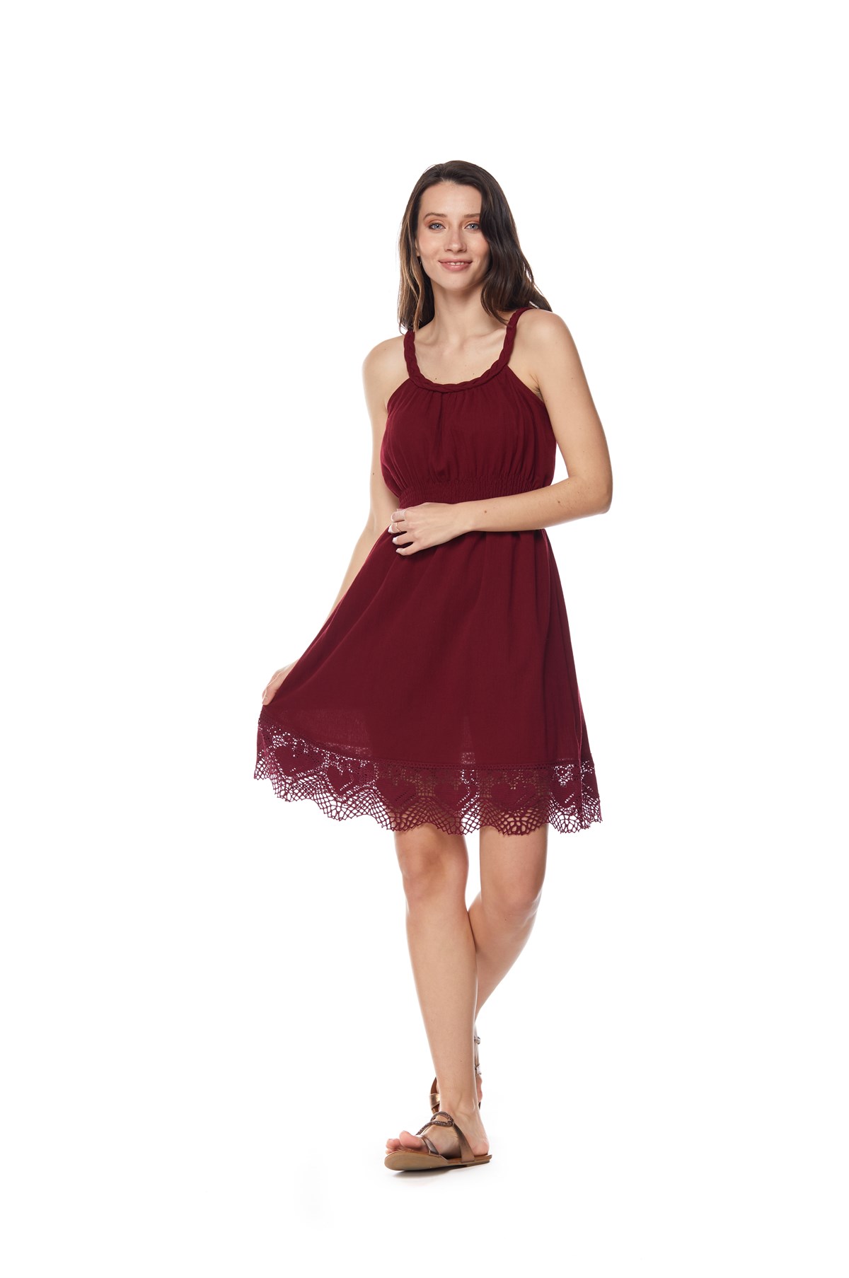 Bordo Askılı Mini Elbise