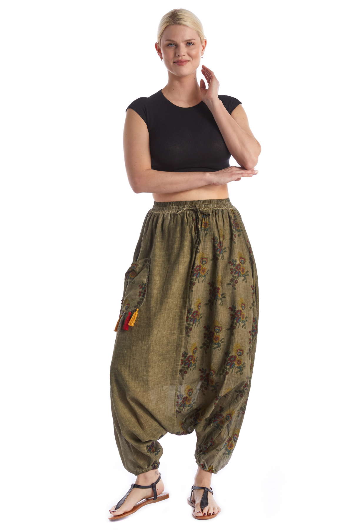 Haki Beli Lastikli Otantik Yazlık Kadın Püsküllü Poplin Şalvar 