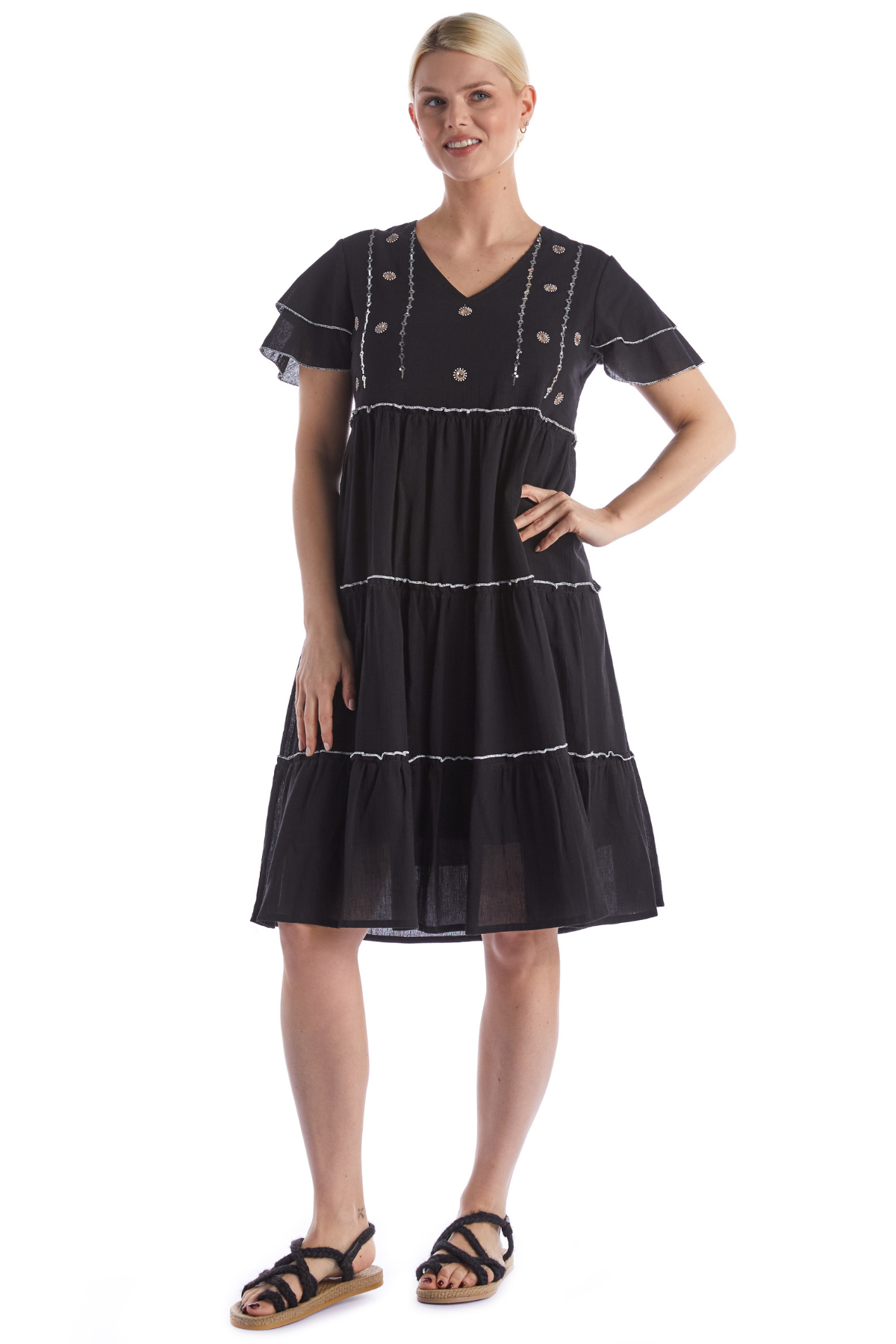 Kısa Kol Pullu Siyah V Yaka Şile Bezi Yazlık Midi Boy Elbise