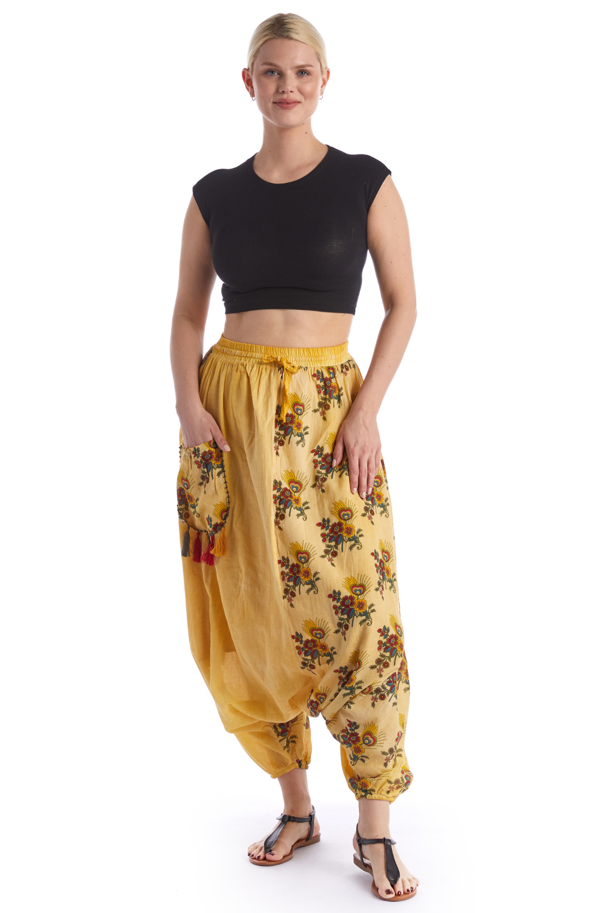Sarı Beli Lastikli Otantik Yazlık Kadın Püsküllü Poplin Şalvar 