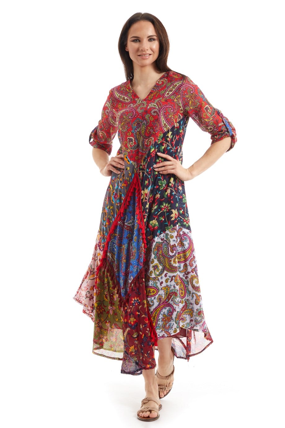 Şile Bezi Kırmızı Uzun Kol Patchwork Elbise