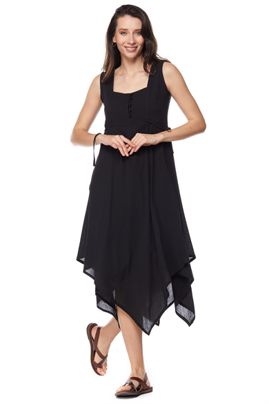 Şile Bezi Siyah Asimetrik Düğmeli Elbise