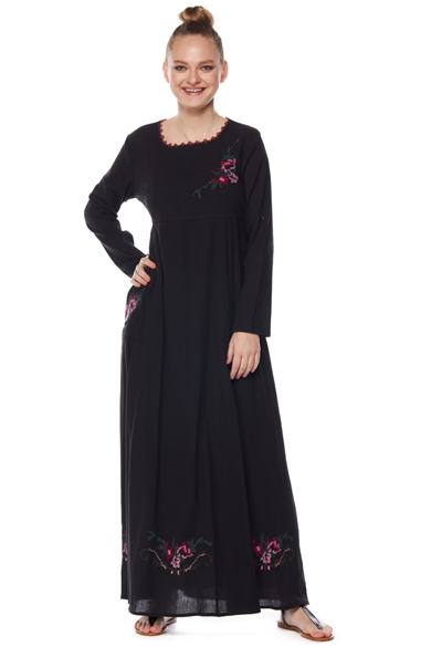 Şile Bezi Siyah Uzun Kollu Nakış Detaylı Elbise