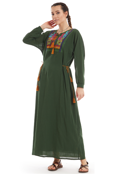 Şile Bezi Yeşil Otantik Yamalı Uzun Elbise