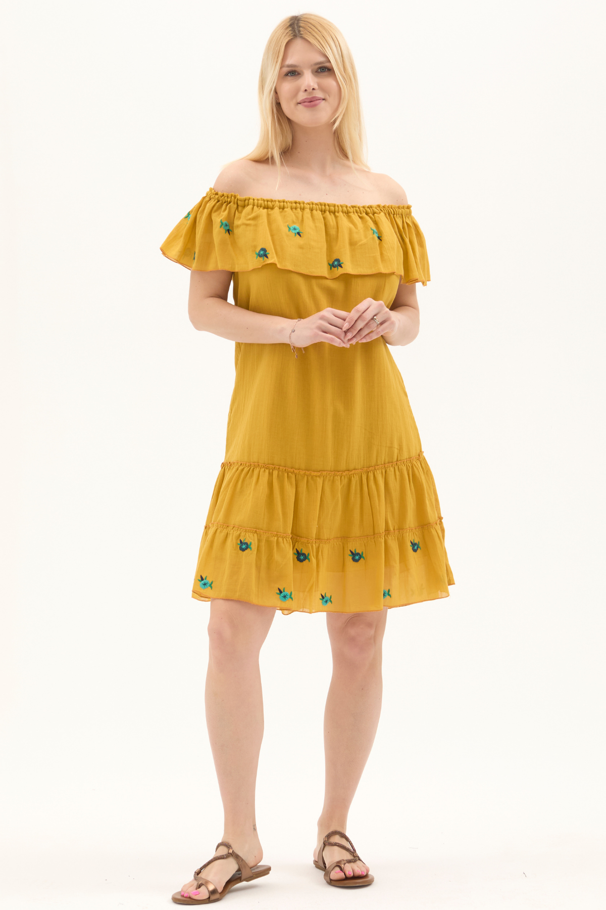 Hardal Kısa Kol Vual Nakışlı Kısa Yazlık Elbise